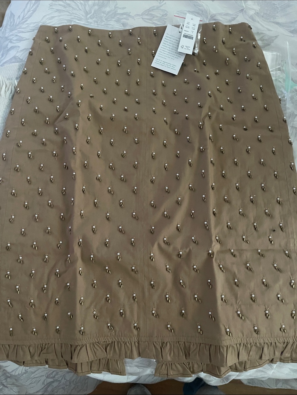 J. Crew Beaded Khaki A-Line Skirt with Ruffle Hem